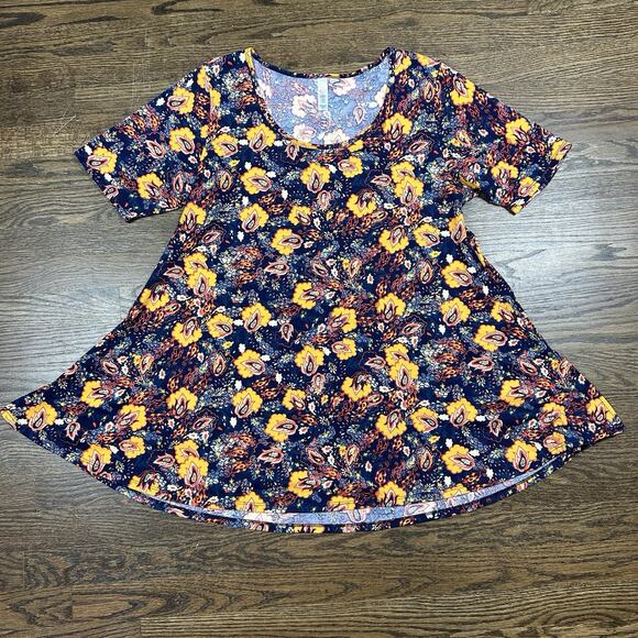 LuLaRoe Carly Dress Women Medium Blue Orange Loud Retro Hi Low Swing Stretch - Picture 1 of 14